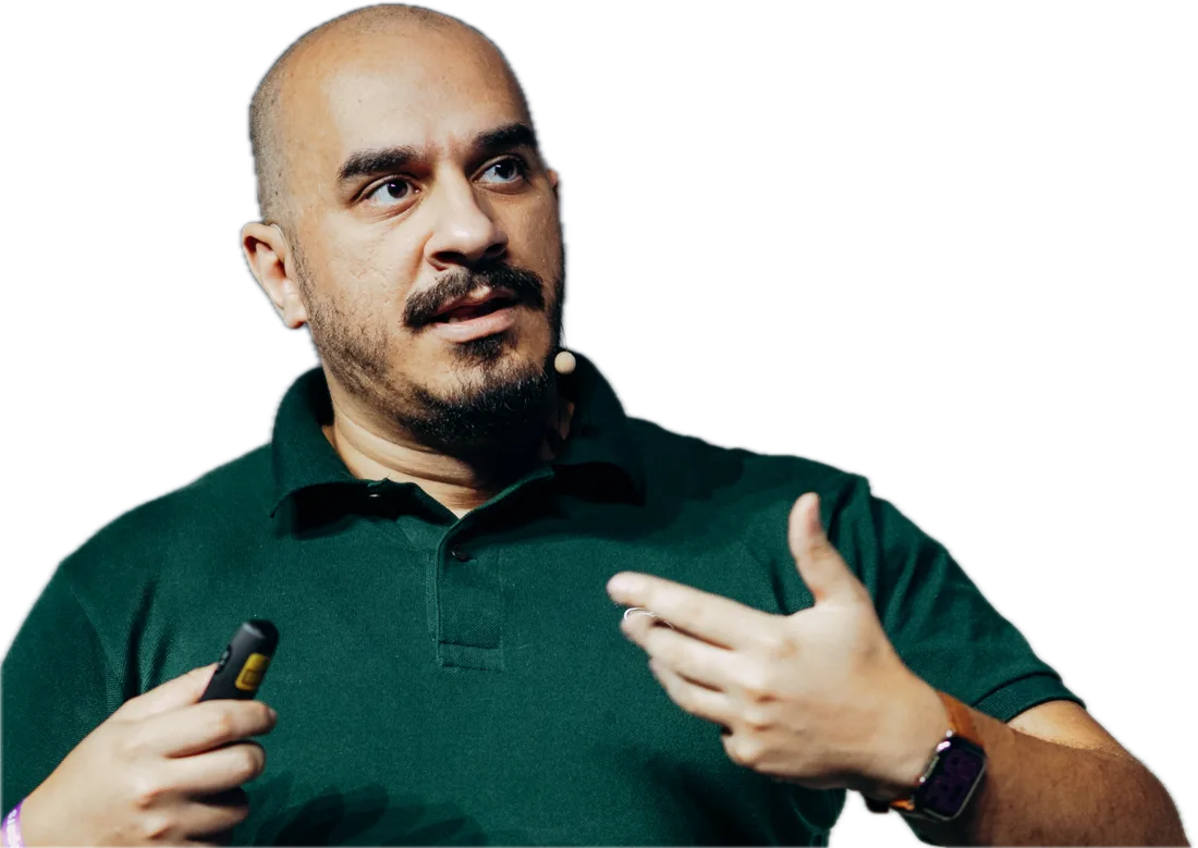 Abdelrahman Awad speaking on stage